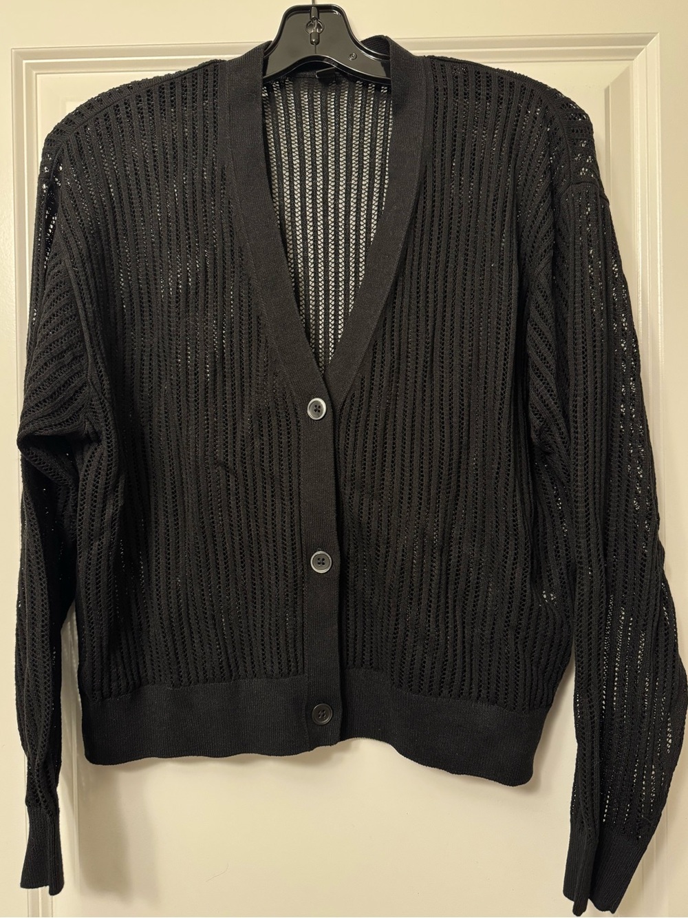 Women’s Black Mesh Knit Button-Front Short Cardigan Sweater